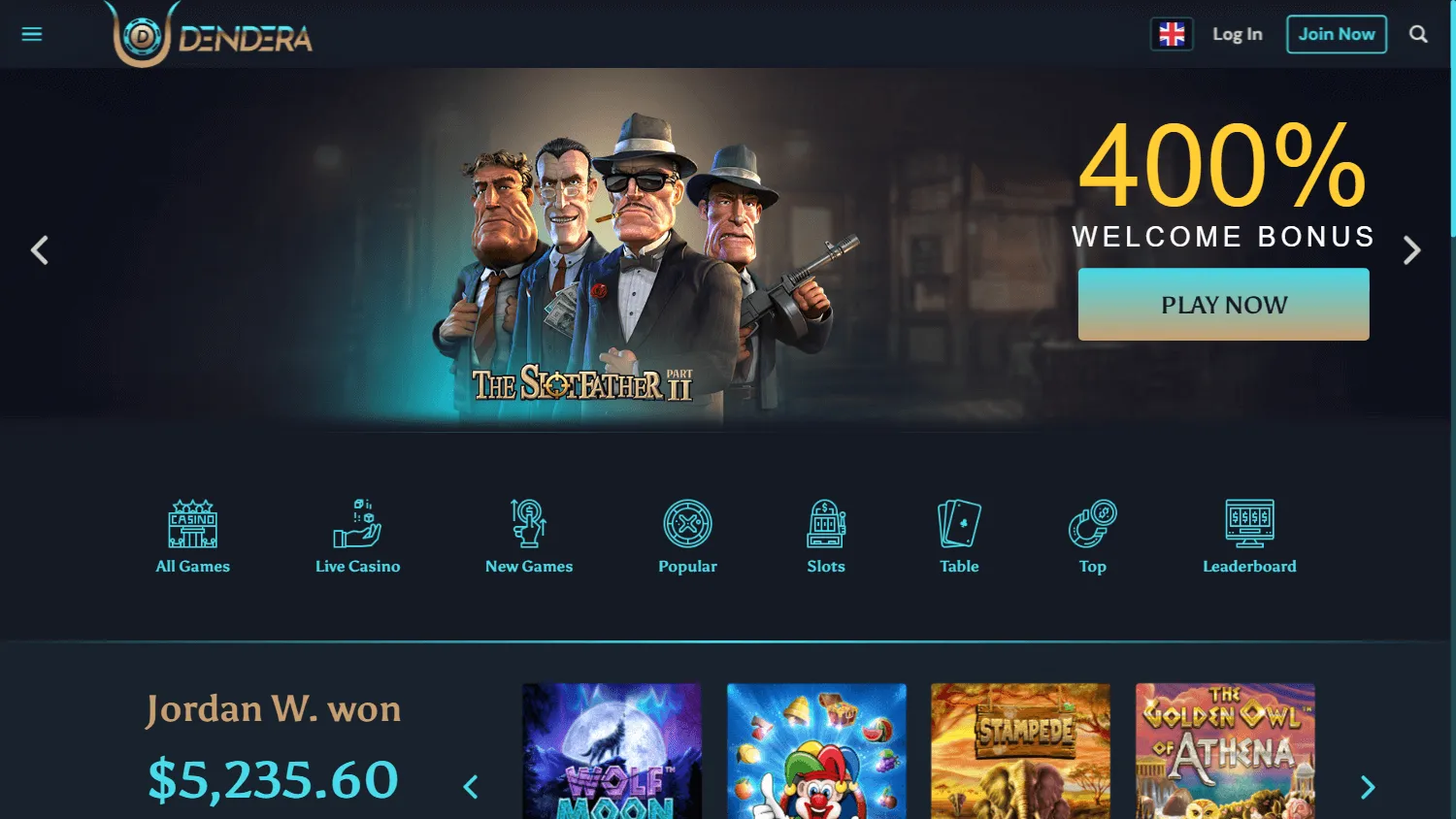 Dendera Casino home screen on desktop