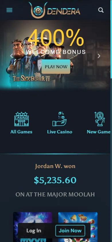 Dendera Casino home screen on a mobile device