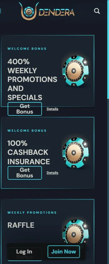 Dendera Casino promotions screen on a mobile device