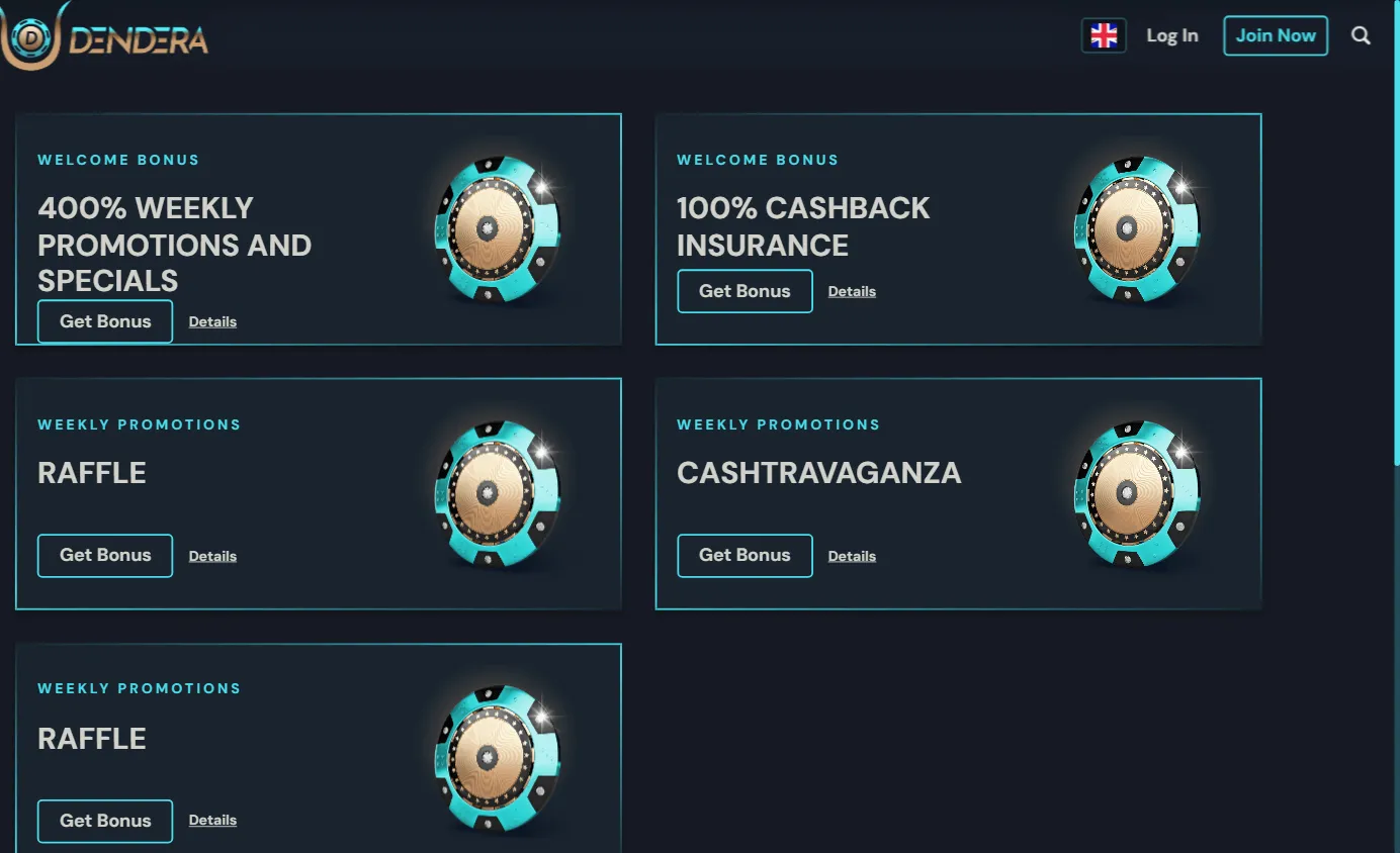 Dendera Casino promotions screen on desktop